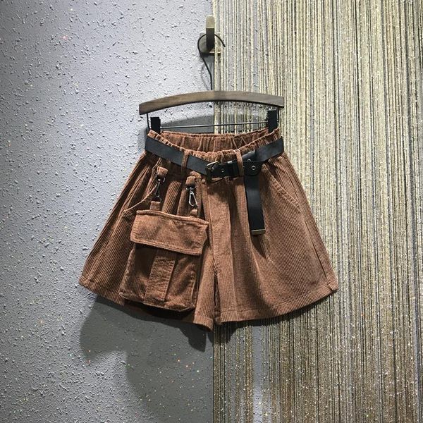 

s-2xl autumn/winter elastic waist loose a-word big pocket corduroy wide-leg boots shorts woman fashion streetwear 2021 women's, White;black