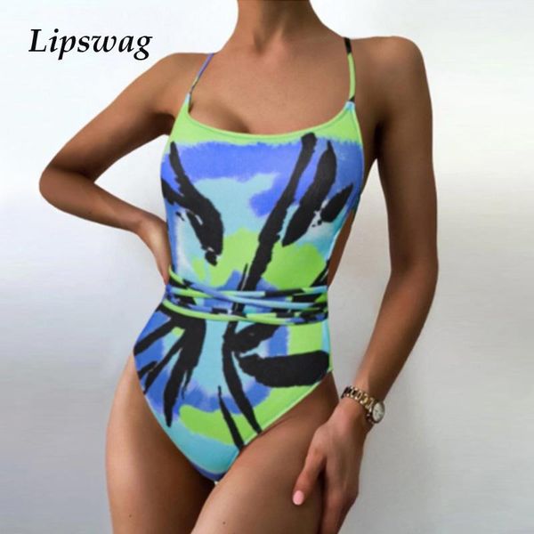 

two-piece suits print bandage one piece bikini swimsuit 2021 women tie dye set backless push up bodysuit beachwear bathing suit l