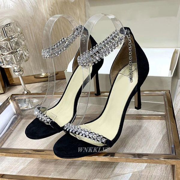

sandals women bling crystal high heel summer bridal wedding shoes dress metal chain runway sandalies feninina o927, Black