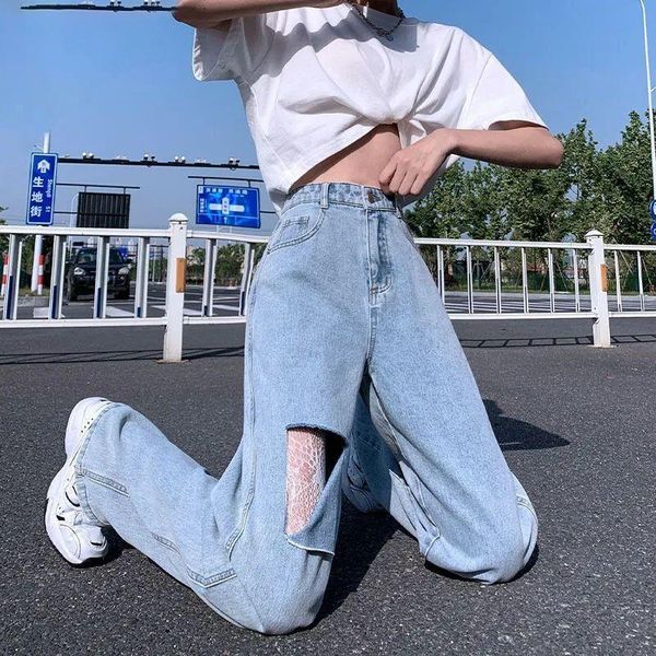 

women's jeans 2021 spring autumn street style ripped casual high waist slimming simple blue loose women wide leg pants