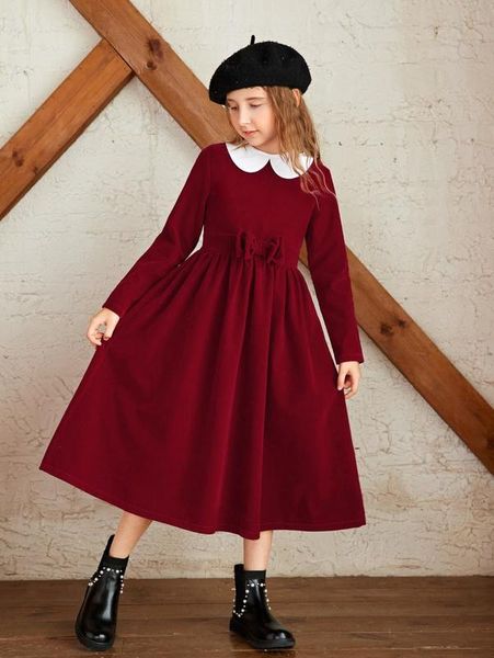 

girls removable peter-pan collar bow front velvet dress she, Red;yellow