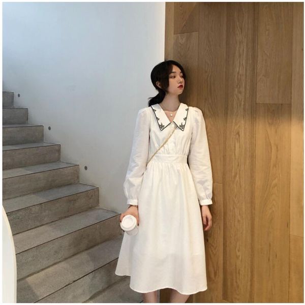 

casual dresses women embroidery spring dress turn down collar pleated female solid a line vestidos hc117, Black;gray