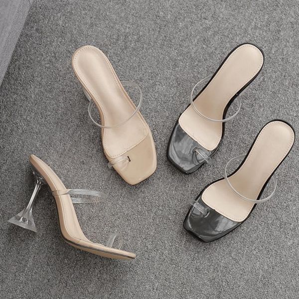 

women sandals pvc slip on 14cm thin heels high square toe shallow shoes sandalias mujer 2021 size 35-42 black beige