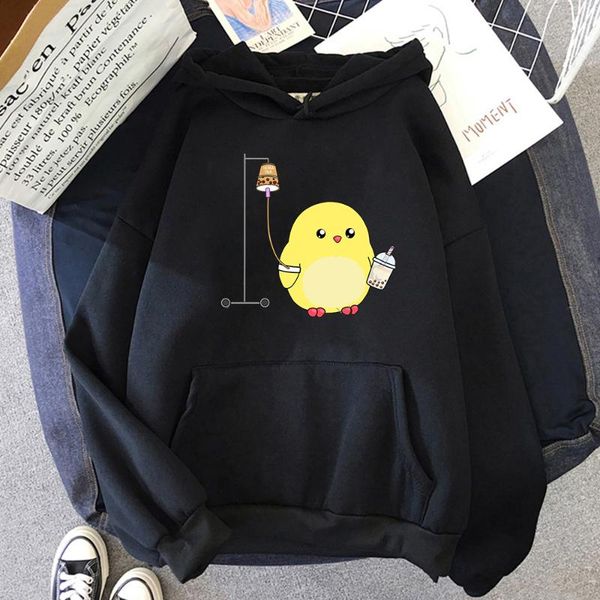 

women's hoodies & sweatshirts boba tea hoodie cute duck hooded sweatshirt harajuku women long sleeve lovely kawaii clothes casual o-nec, Black