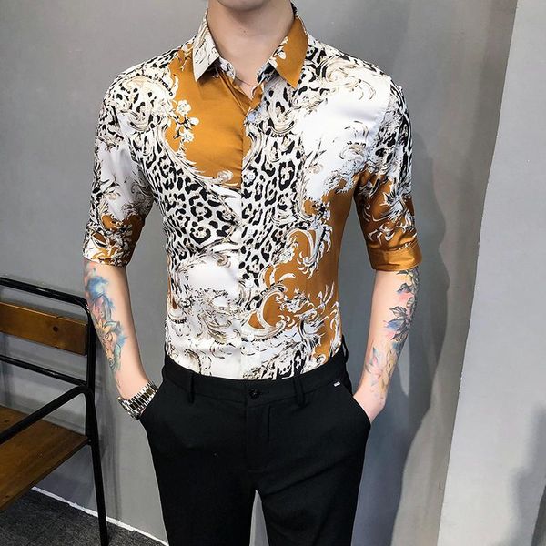 

men's casual shirts social floral printed fashion mens men dress half sleeve slim fit male business, White;black