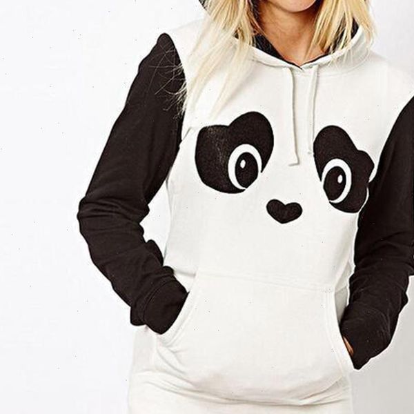 

panda print long sleeve womens hoodies heaps collar hooded pullover, Black