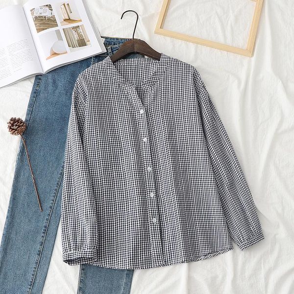 

women's blouses & shirts women autumn japan style vintage v neck long sleeve white black small plaid loose harajuku basic blusas