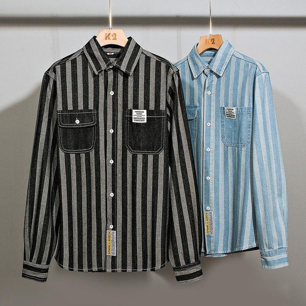 

men's casual shirts men clothing 2021 spring autumn striped denim shirt loose thickening college style long-sleeved youth jacket, White;black