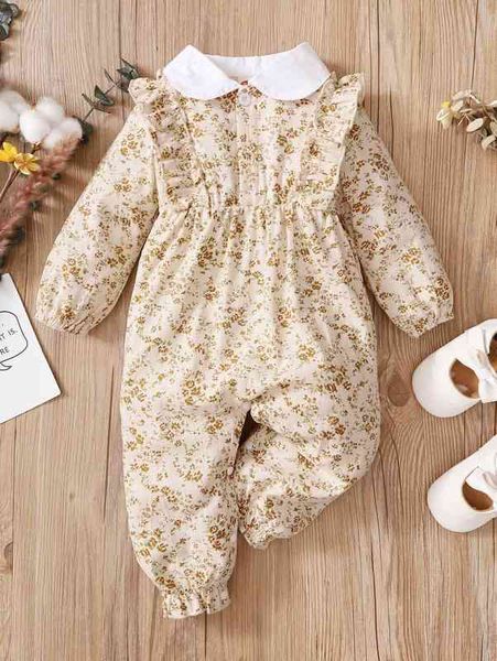 

baby ditsy floral print contrast collar ruffle trim jumpsuit she, Blue