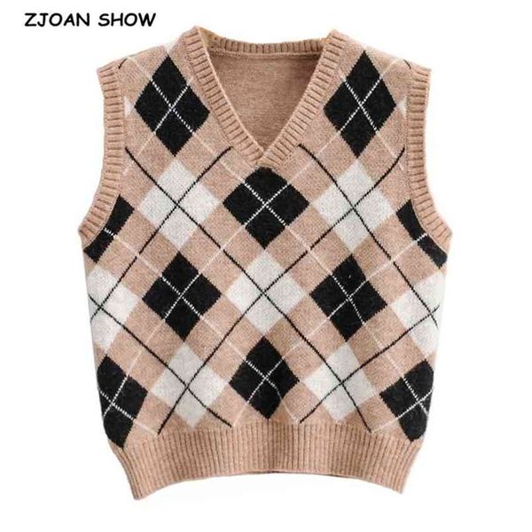 

preppy style khaki argyle plaid knitting sweater vest women 90's vintage korean clothing v neck sleeveless jumpers y2k knitwear 210429, White;black