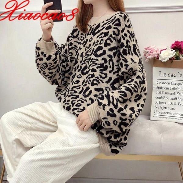 

women's sweaters 2021 autumn winter leopard pull femme o neck loose woman fashion cotton oversized knitted pullover sweater, White;black