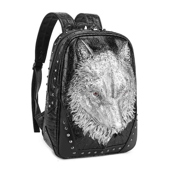 

embossed solid wolf punk backpack pu leather splash computer bag female
