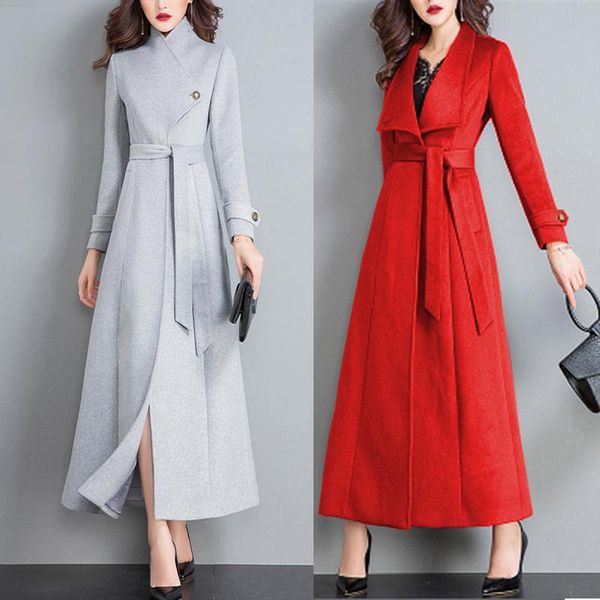 

women's wool & blends autumn winter overcoat classic solid color belt plus size coat women slim thick long outerwear female clothing, Black