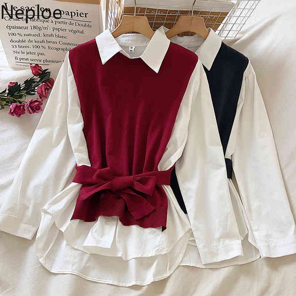 

neploe irregular patchwork knitwear pullovers turn-down collar lace up slim waist knit sweaters women chic fake two jumper 210422, White;black