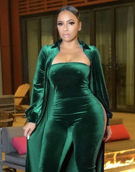 

felyn quality famous brand women tracksuits 2 pcs velvet set solid x long outwear and strapless jumpsuits, Gray