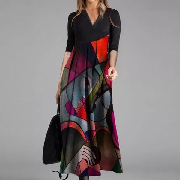 

2021elegant women vintage long dress v-neck a-line dress spring autumn long sleeves slim party dresses ladies casual loose vestidos, Black;gray