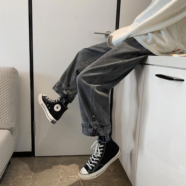 

men's jeans mens korean streeetwear cuffs vintage plaid straight loose harem pants fashoin casual trousers denim, Blue