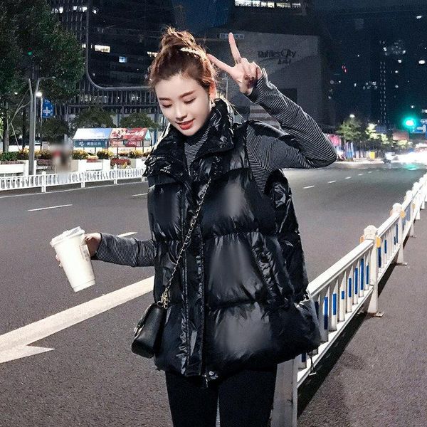 

women's vests 2021 down cotton vest women short waistcoat korean stand-up collar loose thick jacket student, Black;white