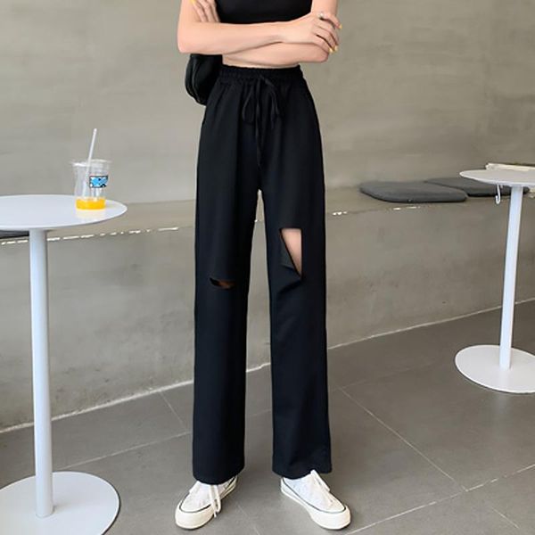 

women's pants & capris fashion ripped woman casual solid sports summer loose elastic waist sweatpants harajuku, Black;white