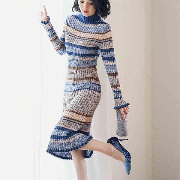 

knit dress high neck pullover autumn and winter wear style over the knee base office lady knitting cotton polyester 210603, Black;gray