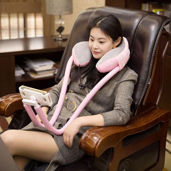 

pillow 2 in 1 u-shaped neck with mobile phone holder portable lazy hanging stand for cell tablet nap pillows