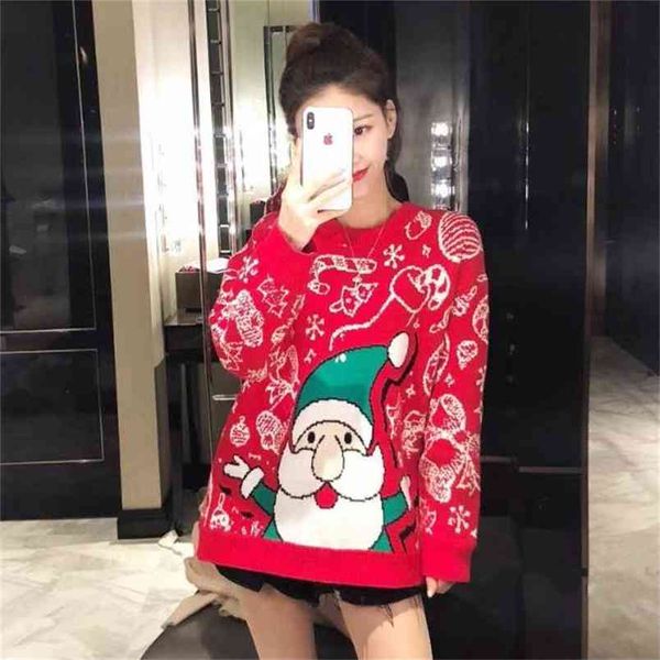 Maglione lavorato a maglia con filato centrale Donna Sciolto di media lunghezza Inverno Versione coreana dei modelli di esplosione natalizia Vento pigro 210427