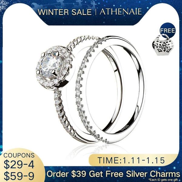 

cluster rings athenaie 925 sterling silver round cz finger classic elegance wedding band engagement double ring for women jewelry, Golden;silver