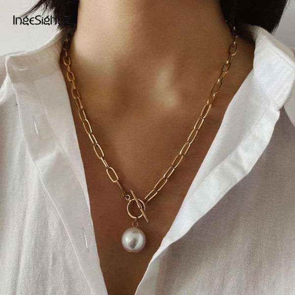 

chains ingesight.z punk imitation baroque pearl pendant necklace curb cuban thick chain toggle clasp long necklaces for women jewelry, Silver