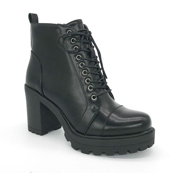 

boots winter women ankle motorcycles split leather platform square heel cross-tied zip fashion british designer shoes ladies, Black