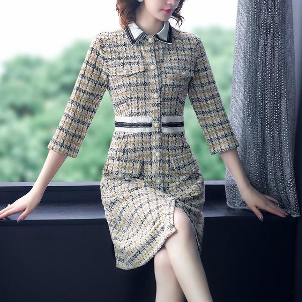 

casual dresses 2021 famous waist tweed autumn dress houndstooth temperament skirt for women party, Black;gray