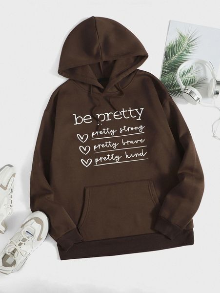 

slogan & heart print kangaroo pocket drawstring thermal hoodie 39ng#, White;black