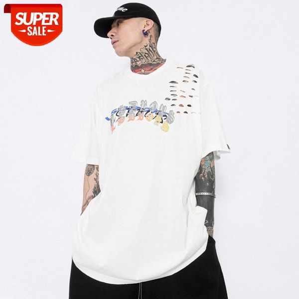 

wind letter printed ripped short-sleeved t-shirt men's street flow loose round neck five-point sleeves #rh75, White;black