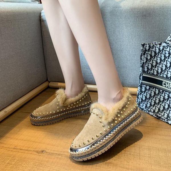 

boots fluffy flat ankle winter leisure women's snow fashion plus velvet, Black