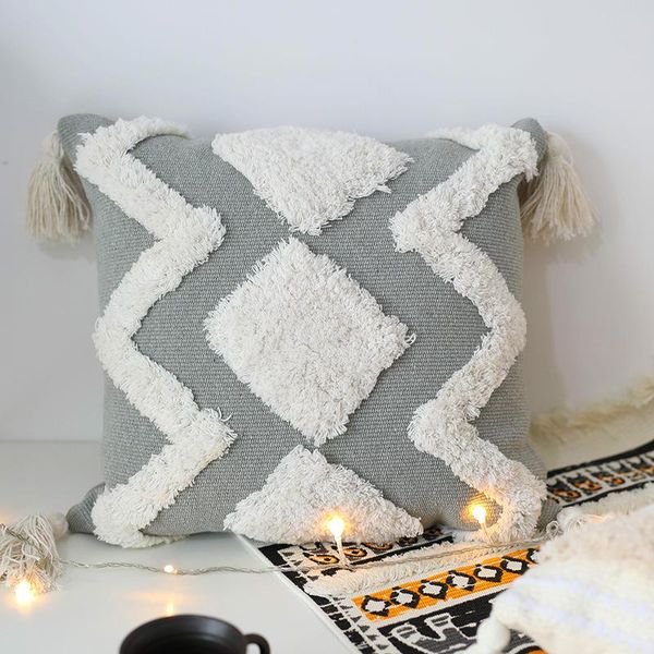 

45x45cm cojines decorativos para sofa morocco geometric black and white tufted tassel pillowcase christmas pillow case cushion/decorative