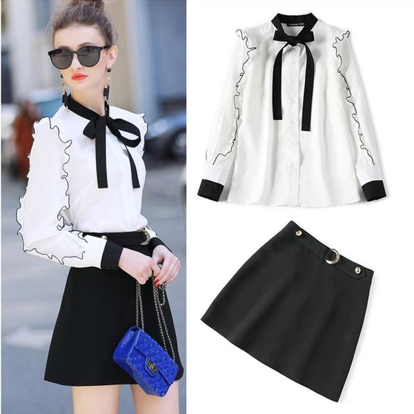

women's suits & blazers spring summer skirts white lace up collor ruffles ol workwear and career simple set ns207, White;black