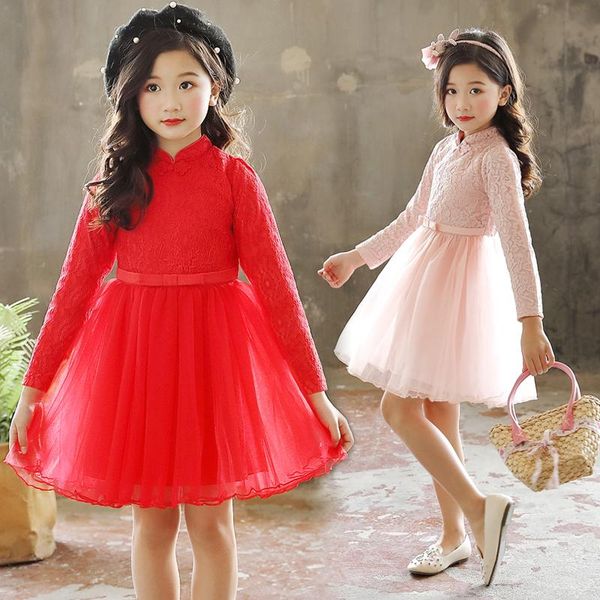 

girl's dresses spring girls vintage lace flower chinese stand collar kids tutu bow belt mesh princess party vestidos for 3-12t, Red;yellow