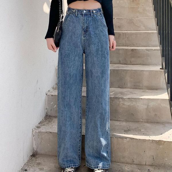 

women's jeans loose great wide leg lady zipper high waist for shopping, Blue