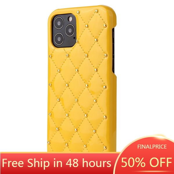 

yellow rivets luxury cover for iphone 12 mini 11 12 pro max x xs max xr 7 8 plus case lambskin patent leather phone cases