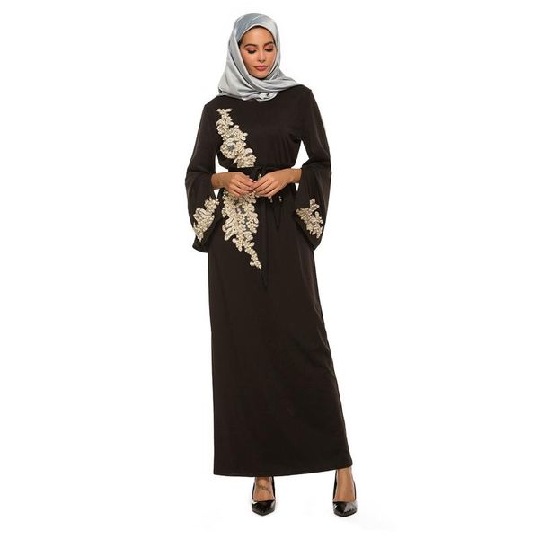 

muslim maxi dress women kaftan embroidered abaya evening gown long dresses with belt party for 2021 robe femme casual, Black;gray