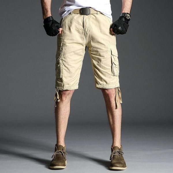 

men's shorts 2021 summer casual cargo men solid cotton multi-pocket mens work knee length military bermuda beach male, White;black