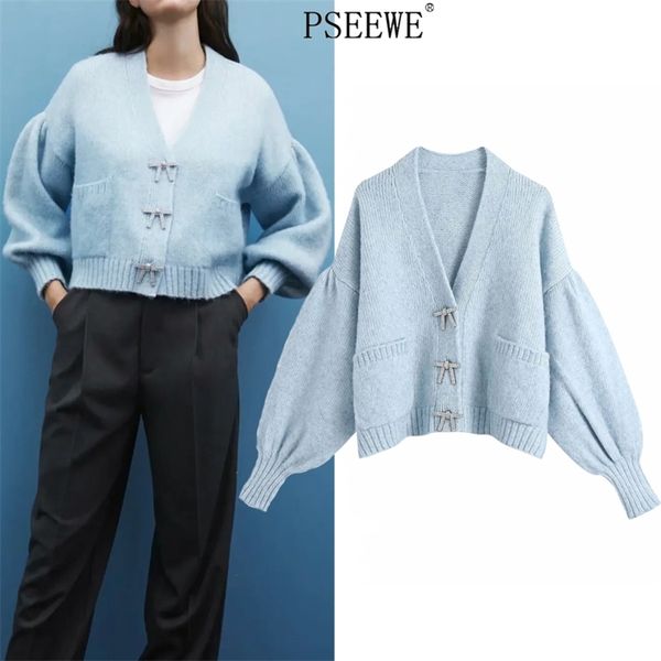 

blue oversize cropped knitted cardigan woman fall puff long sleeve button down female v neck sweater 210519, White
