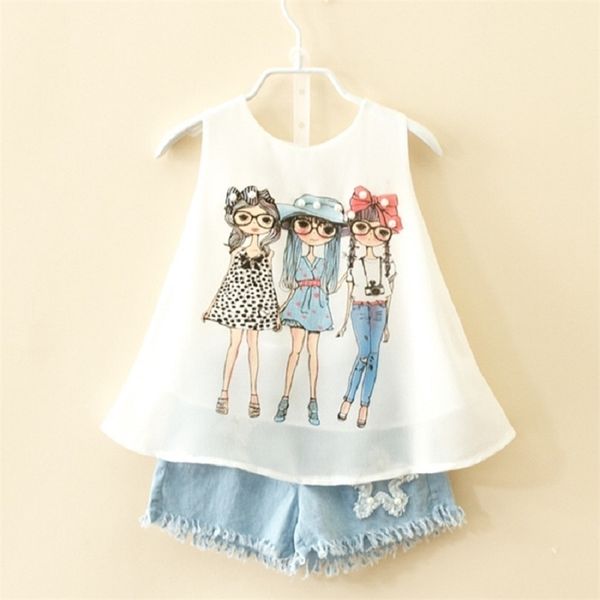 Terno de marca de verão para crianças meninas moda bebê chiffon colete shorts conjunto de roupas menina toddler 3 8 10 anos vestuário crianças 210326