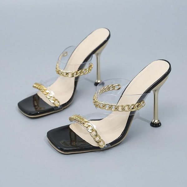 

slippers summer pumps fashion chain sandals shoes women thin high heels slip on slides ytmtloy pvc house zapatillas mujer casa, Black