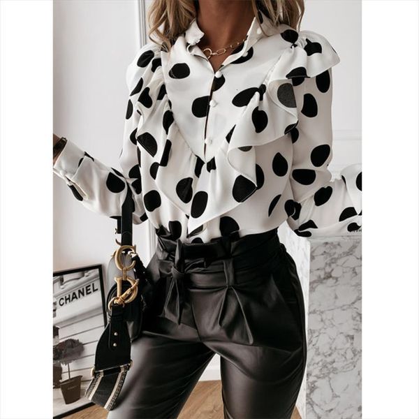 

deep v neck ruffles womens shirt spring dots print outwear casual autumn long sleeve loose ol shirts, White