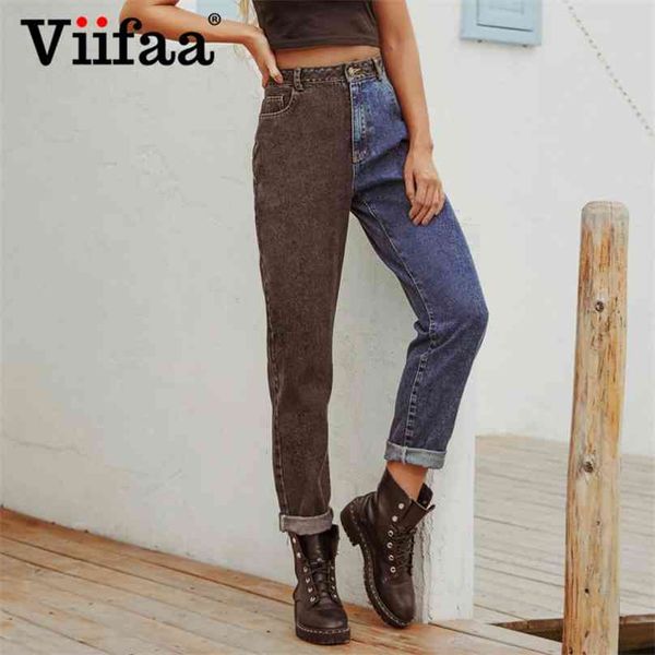 Viifaa preto e azul dois tons de cintura alta denim jeans para mulheres zíper voar casual senhoras em linha reta 210922