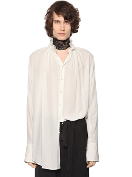 

men's casual shirts spring and summer thin solid color long sleeve shirt lace high collar hem asymmetrical garment line slit design, White;black