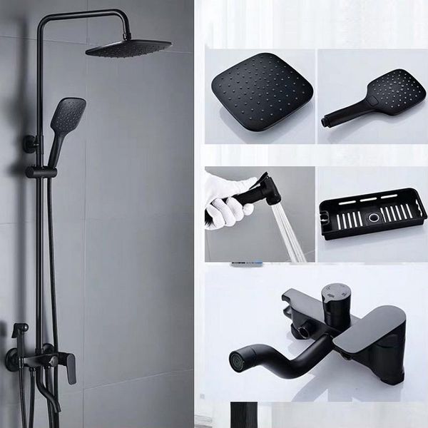 

matte black rainfall shower faucet set 4 mode wall mounted bathtub mixer round head bidet spray gun storage shelf bathroom sets