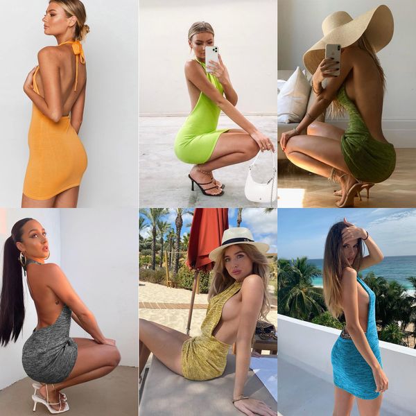 Halter Cryptográfica Sexy Backless Mini Vestidos Bodycon Skinny Club Party Sem mangas Dress Sleevels Dress Fall Streetwear Beach Holiday X0521