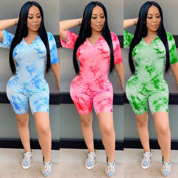 

women's tracksuits zoctuo women tie dye club two piece set v-neck t-shirt shorts pants 2021 summer fashion short sleeve casual 2 sets, Gray