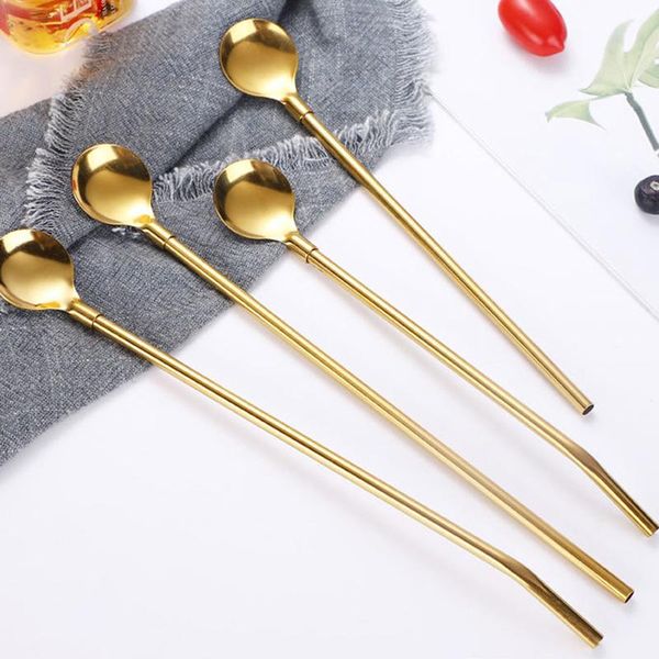 

drinking straws multicolor straw spoon stainless steel long reusable metal spoo coffee mixing